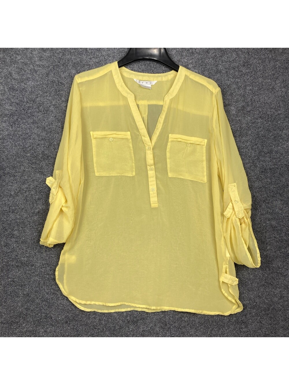 Como Women Size Large Yellow V-Neck Button Sheer 100% Polyester Tunic Shirt Top